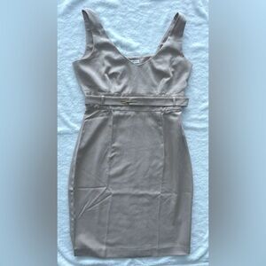 Boston Proper. Season less belted sheath cream brown dress.